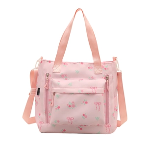 Pink floral tote bag with sweet rose print and adjustable shoulder strap for women