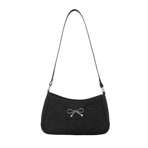 Sac à épaule noir scintillant avec nœud argenté et fermeture éclair pour femmes