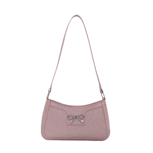 Rosa Schultertasche aus Tweed mit silberner Metallschleife und passendem Trageriemen