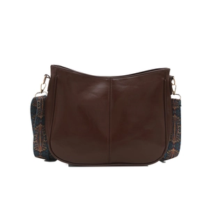 Retro minimalist dark brown leather hobo bag with ethnic style embroidered wide strap