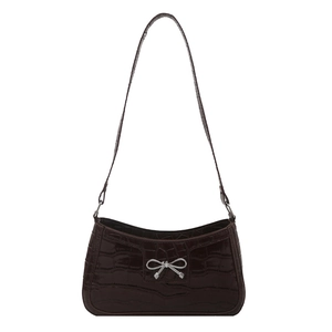 Dark brown faux crocodile leather shoulder bag with silver metallic bow buckle detail