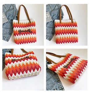 Detail of woven straw tote bag with Summer embroidery and zigzag pattern in multiple views