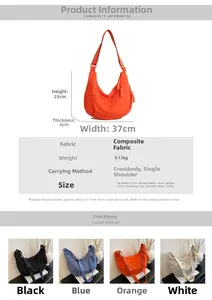 Tableau des tailles pour sac croissant en nylon avec mesures 37x23x6cm et bandoulière