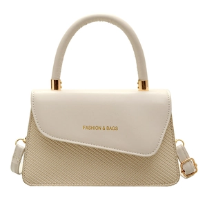 High-quality beige woven handbag with asymmetric faux leather flap and golden hardware