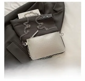 Comparaison de taille détaillée du sac argenté texture crocodile avec chaîne et rivets