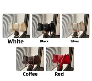 Collage of chic baguette bags in white, black, silver, brown, and red leather colors