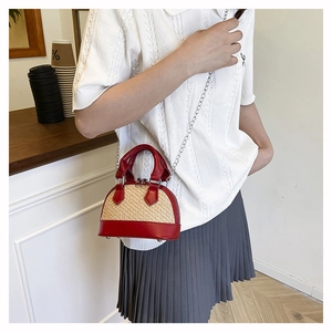 Mini red leather and straw shell bag shown on model with crossbody silver chain