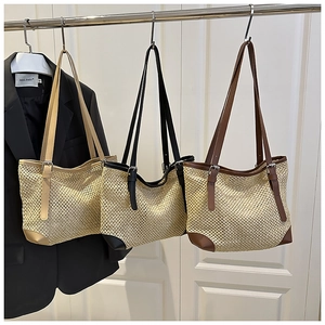 Detailed weave patterns of straw beach tote bags in beige, black, and brown colors