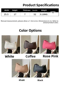 Detailed size specifications and five color variants of minimalist PU leather shoulder bag