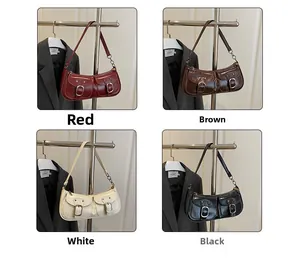 Retro shoulder bags in red, coffee, white, and black with double front pockets