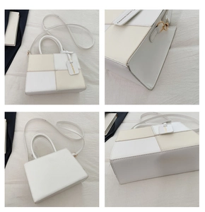 Detail view showing front, back, and side of a color-block patchwork crossbody bag