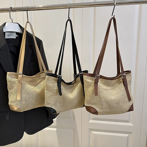 Minimalist straw tote bag with cutout weave and leather straps in three colors for summer