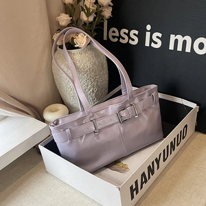 Chic light purple rectangle tote bag with decorative metal buckle and glossy finish