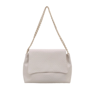 White woven texture tote bag with gold chain strap and stylish flap closure design