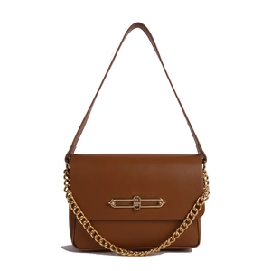 Minimalist brown rectangular shoulder bag with golden chain and metallic buckle detail