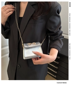 Detail of silver metallic crossbody bag with gold bow clasp and elegant chain strap