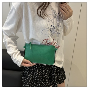 Macro view of green crocodile pattern crossbody bag with silver beaded edges and chain strap