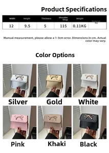 Size chart and dimensions guide for mini crossbody bag with bow detail and chain strap