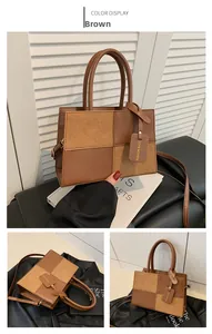 Detail view of brown patchwork leather handbag showing smooth and suede texture mix