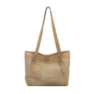 Woven straw beach tote bag for women with brown leather adjustable shoulder straps
