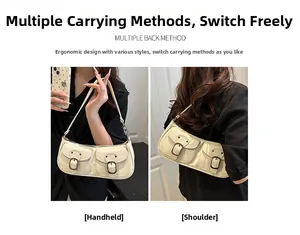 Chic cream leather baguette bag showing both handheld and shoulder carrying styles