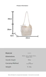 Lace tote bag size guide with dimensions 22x28x8cm and bow detail on mesh canvas
