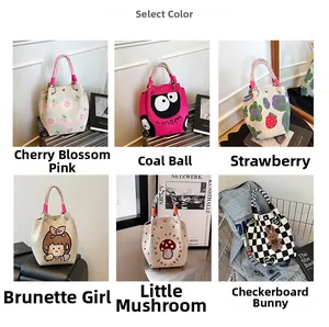Detailed grid view of assorted handmade knitted bucket bags with cute cartoon patterns