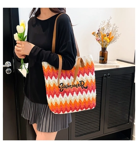 Close-up of woven tote bag with colorful wave patterns and Summer embroidery detail