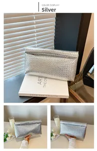 Macro detail of silver woven envelope clutch bag with premium metallic texture
