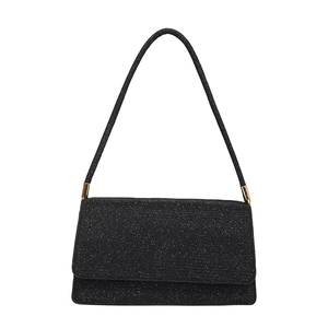 Sparkling black sequin baguette shoulder bag with gold hardware for party and evening wear