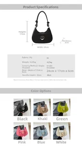 Detailed size chart and specifications for the PU leather half-moon saddle underarm bag