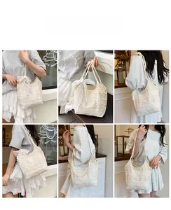 Detailed views of a white lace tote bag with bow accent and intricate floral patterns