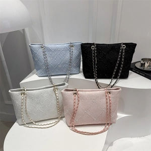 Sac Cabas à Épaule avec Chaîne pour Femmes Grande Capacité Chic Style Ins Broderie Treillis Sac sous le Bras Sac PU