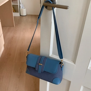 Blue woven crossbody baguette bag with gold buckle hardware and adjustable leather strap