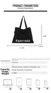 Detailed size specifications for large black canvas tote bag showing dimensions and capacity