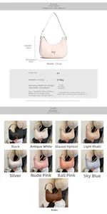 Detailed size specifications and nine color options for this PU leather hobo handbag