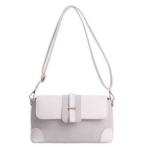 Chic woven light grey crossbody bag with premium leather trim and gold metal buckle