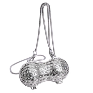 Silver peanut-shaped rhinestone evening bag with luxury metallic chain for women