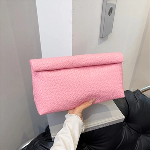 Pink minimalist envelope clutch bag with woven texture and premium flap design