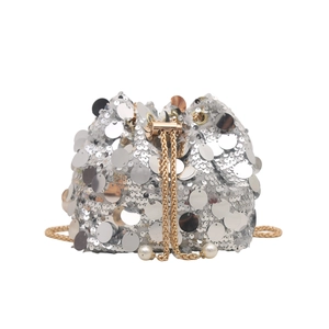 Silver sequin bucket bag for women with gold chain drawstring and pearl accents