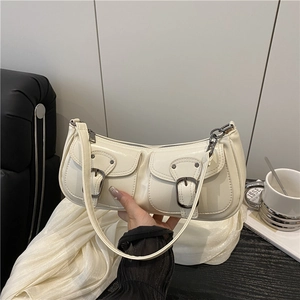 Creamy white chic underarm bag with double utility pockets and metallic buckle details