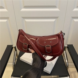 Chic burgundy patent leather underarm bag with double front pocket silver buckles