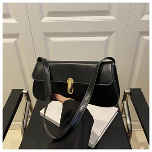 Close-up of black baguette bag with elegant golden oval metal buckle on a white door