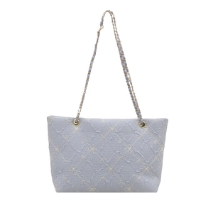Chic light purple plaid tote bag with floral embroidery and chain shoulder strap