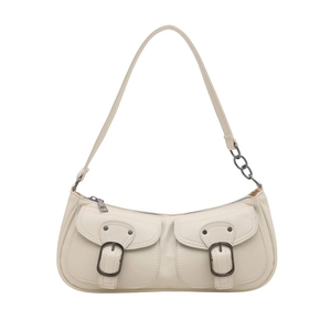 Minimalist cream white baguette shoulder bag with dual front pockets and chain strap detail