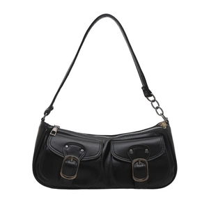Sac baguette noir minimaliste avec poches frontales doubles et chaîne en métal vintage chic