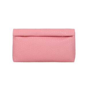 Pink woven leather envelope clutch bag with classic Intrecciato pattern and magnetic flap