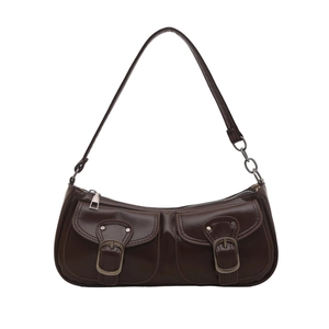 Retro dark brown baguette bag with double front pockets and metal chain strap detail
