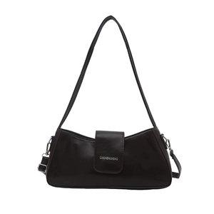 Elegant deep coffee leather shoulder bag with silver logo in a minimalist rectangular design