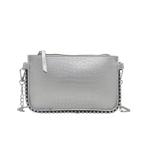 Silver square crossbody bag with crocodile texture and metal rivet trim and chain strap